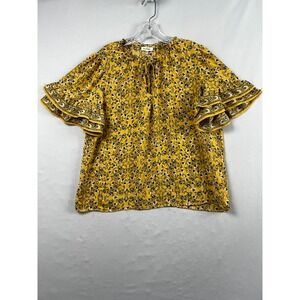 Max Studio Top Womens Yellow Floral Ruffle Sleeve Tie Neck Blouse  XL